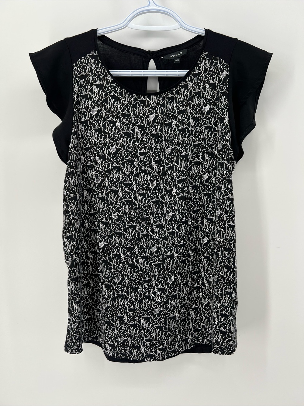 RW&CO. Women’s XS Black and White French Bulldog Print Cap Sleeve Blouse